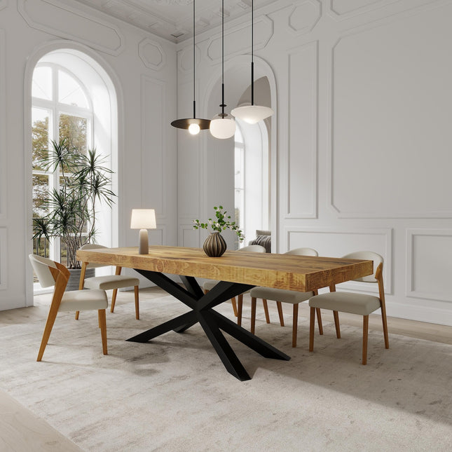 Boston Spider Dining Table Rustic Solid Wood Dining Table Industrial Straight Edge Dining Table Spider Steel Base Industrial Rustic Wood