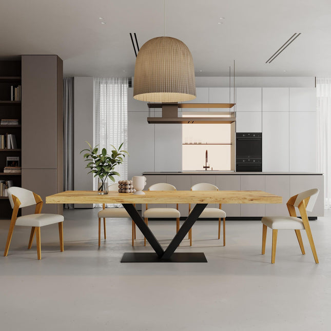 3 INCH V Base Dining Table Rustic Solid Wood Dining Table Industrial Straight Edge Dining Table V Steel Base