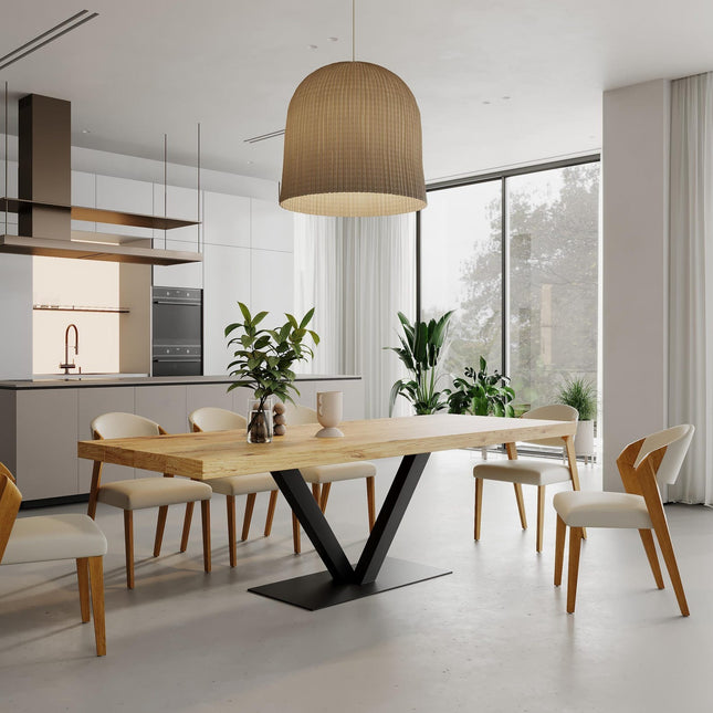 3 INCH V Base Dining Table Rustic Solid Wood Dining Table Industrial Straight Edge Dining Table V Steel Base