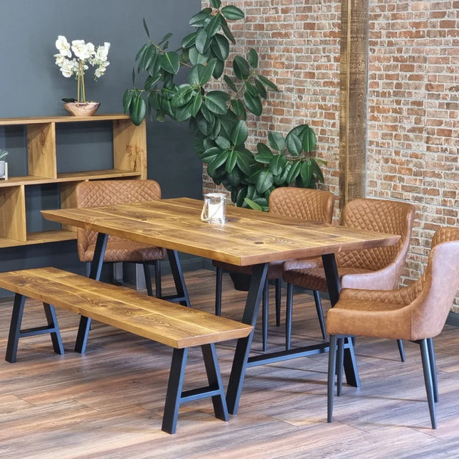 Louth AF Dining Table Solid Wood Chamfer Edge - Industrial A Frame Steel Legs - Modern Rustic Interior Design Cozy Natural and Stylish