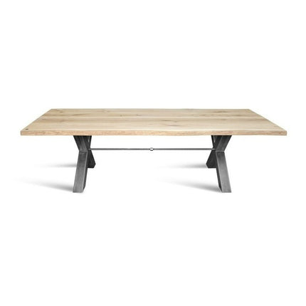 Solid Oak Live Edge Dining Table Steel Legs Chunky XF with Steel Bar – Industrial Rustic Handmade Kitchen Table Clar 068