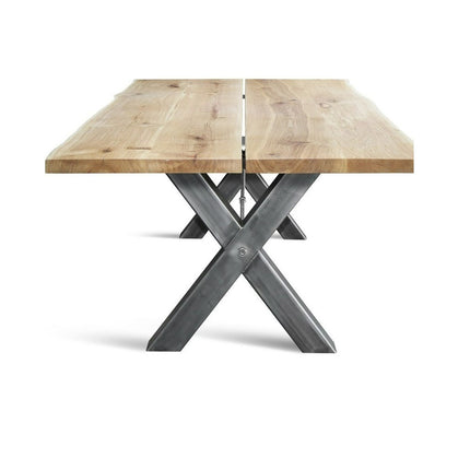 Solid Oak Live Edge Dining Table Steel Legs Chunky XF with Steel Bar – Industrial Rustic Handmade Kitchen Table Clar 068