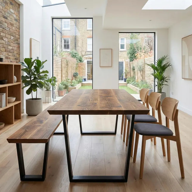 Louth VF Dining Table Solid Wood Chamfer Edge - Industrial V Frame Steel Legs - Modern Rustic Interior Design Cozy Natural and Stylish