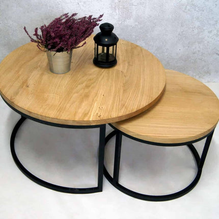Set of round oak DUO coffee tables