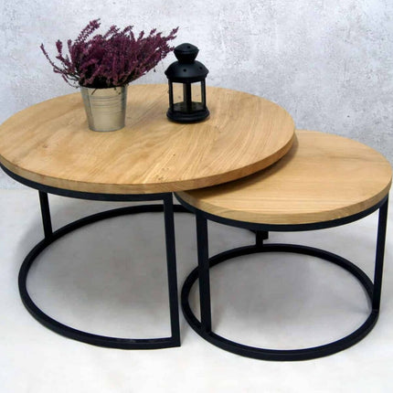 Set of round oak DUO coffee tables