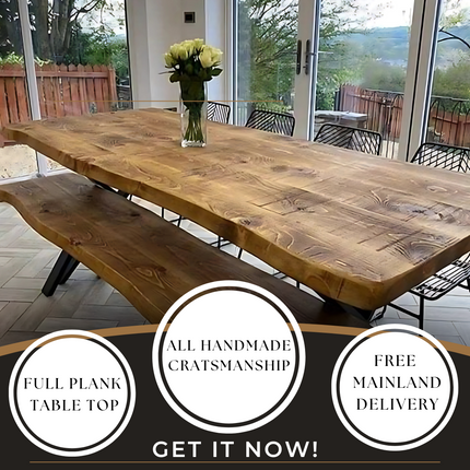 Live Edge Rustic Dining Table with X Frame Steel Legs Cotswold
