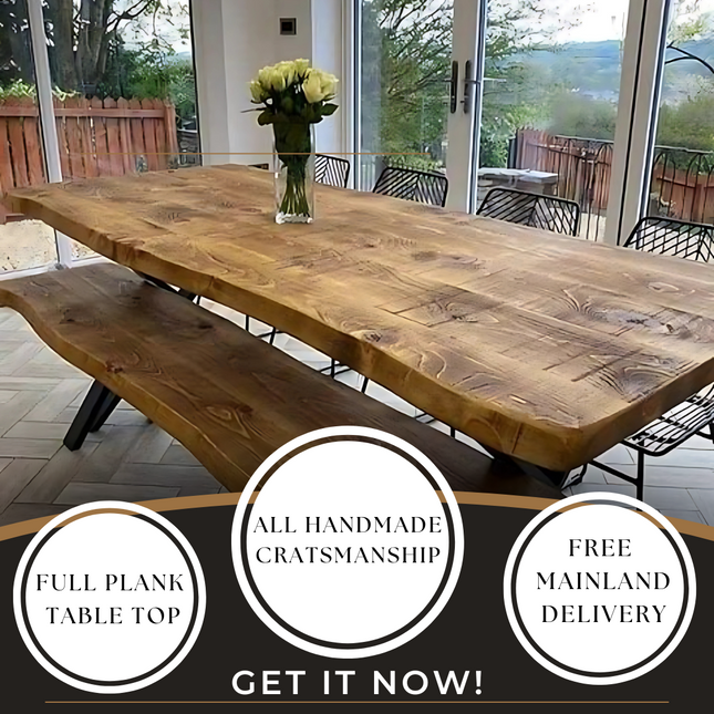Live Edge Rustic Dining Table with X Frame Steel Legs Cotswold