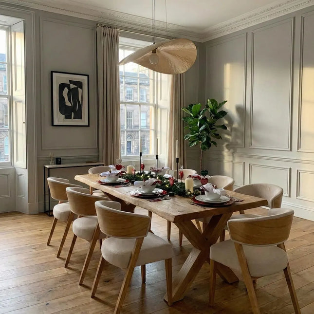 Firsby XF Chunky Wooden Dining Table Natural Live Edge Rustic Wood X Frame Legs Handmade Characteristic of the Countryside.