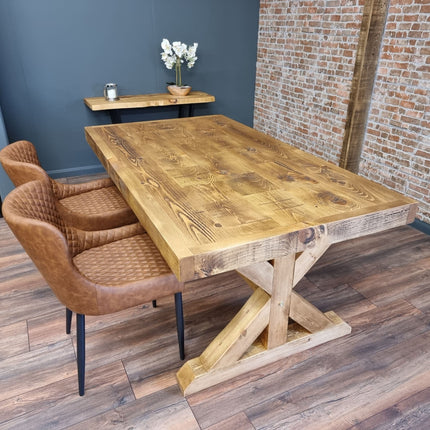 Rustic Farmhouse Clifford Dining Table. Reclaimed Wood – Handmade Kitchen Table X Wooden Base