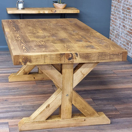 Rustic Farmhouse Clifford Dining Table. Reclaimed Wood – Handmade Kitchen Table X Wooden Base