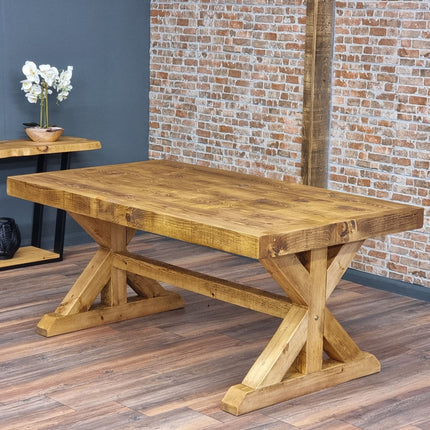 Rustic Farmhouse Clifford Dining Table. Reclaimed Wood – Handmade Kitchen Table X Wooden Base