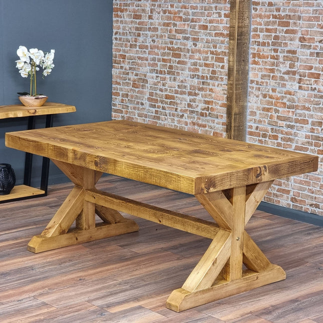 Rustic Farmhouse Clifford Dining Table. Reclaimed Wood – Handmade Kitchen Table X Wooden Base