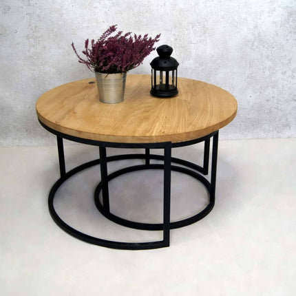 Set of round oak DUO coffee tables