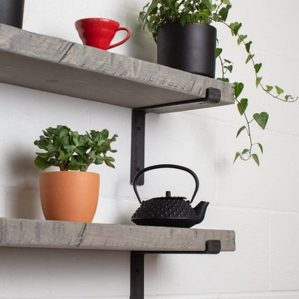 Grey Solid Wood Rustic Shelf Metal Brackets